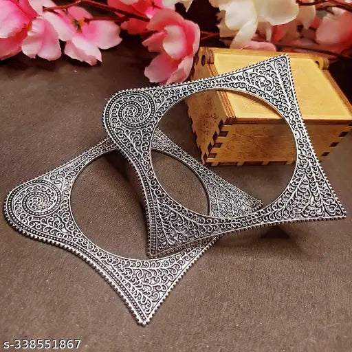 1742029356691-9 Silver-Toned Oxidised Bangles Ethnic Kada in Square Shape Pattern 13069