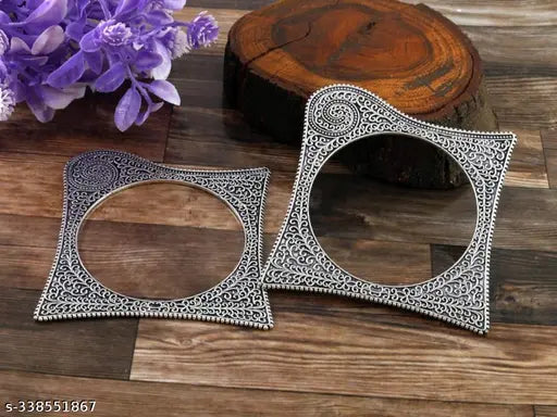 1742029356723-37 Silver-Toned Oxidised Bangles Ethnic Kada in Square Shape Pattern 13069