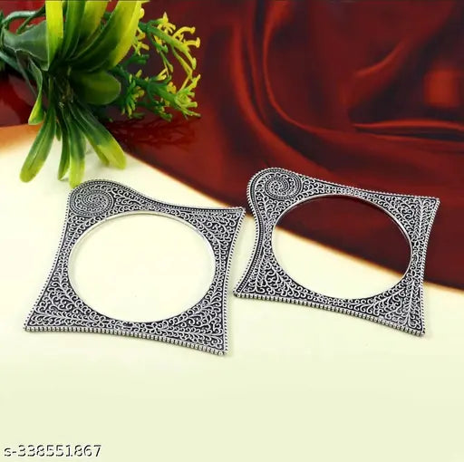 1742029356751-20 Silver-Toned Oxidised Bangles Ethnic Kada in Square Shape Pattern 13069
