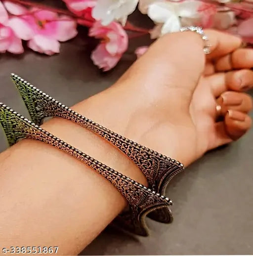 1742029356756-31 Silver-Toned Oxidised Bangles Ethnic Kada in Square Shape Pattern 13069