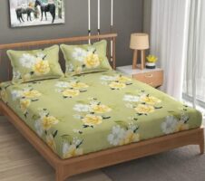 Super Soft Glace Cotton All Round Elastic Fitted Double Bed Bedsheet with 2 Pillow Covers-72x78x8