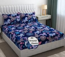 Super Soft Glace Cotton All Round Elastic Fitted Double Bed Bedsheet with 2 Pillow Covers-72x78x8