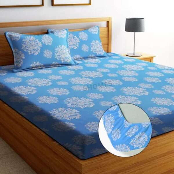 Super Soft Glace Cotton All Round Elastic Fitted Double Bed Bedsheet with 2 Pillow Covers-72x78x8