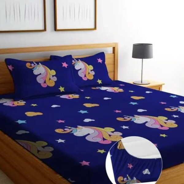 Super Soft Glace Cotton All Round Elastic Fitted Double Bed Bedsheet with 2 Pillow Covers-72x78x8