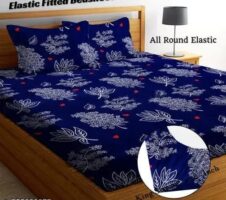 Super Soft Glace Cotton All Round Elastic Fitted Double Bed Bedsheet with 2 Pillow Covers-72x78x8