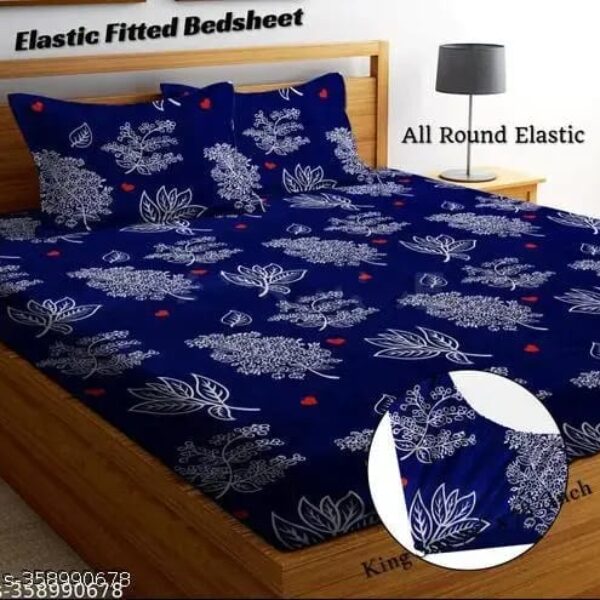 Super Soft Glace Cotton All Round Elastic Fitted Double Bed Bedsheet with 2 Pillow Covers-72x78x8