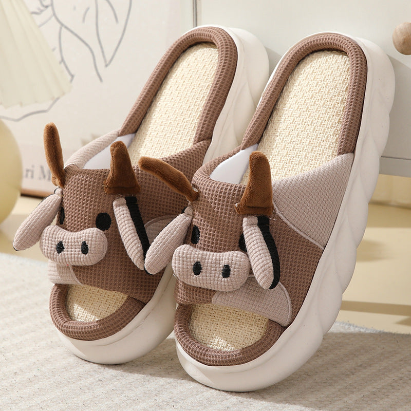 199c285f-e6a5-44cf-9b2a-e807b2894d1f Cute Cartoon Cow Frog Slippers Linen Non-slip Shoes Indoor Garden Home Slippers My Store