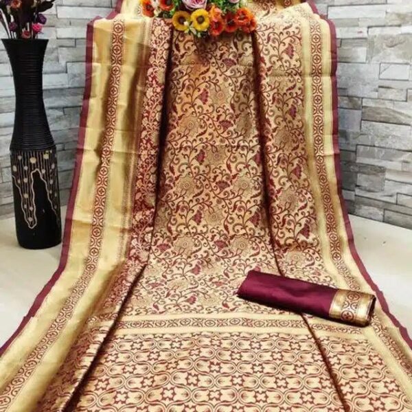 Banarasi Silk Saree With Blouse For Women (Golden & Purple, 6.3M)