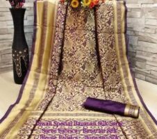 Banarasi Silk Saree With Blouse For Women (Golden & Purple, 6.3M)