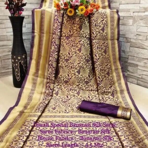 Banarasi Silk Saree With Blouse For Women (Golden & Purple, 6.3M)