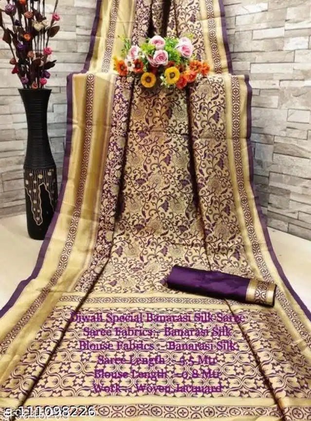 banarasi-silk-saree-with-blouse-for-women-golden-purple-63m-606656 Banarasi Silk Saree With Blouse For Women (Golden & Purple, 6.3M) - My Fashion Sell