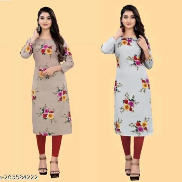 Crepe Printed Kurti for Women (Brown & Sky Blue, S) (Pack of 2)