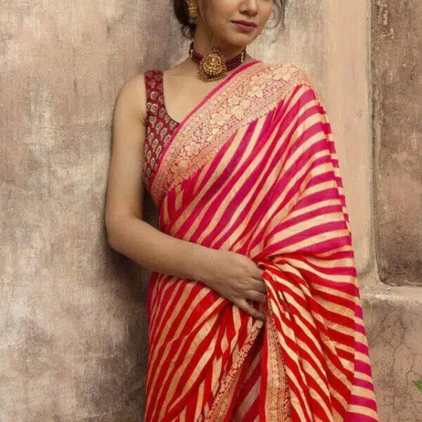 Jacquard Striped Saree for Women (Red, 6.3 m)