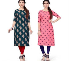 Crepe Printed Kurti for Women (Green & Pink, S) (Pack of 2)