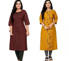 Cotton Blend Embroidered Kurti for Women (Mustard & Maroon, M) (Pack of 2)
