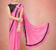 Lycra Solid Saree for Girls (Baby Pink, 3-4 Years)