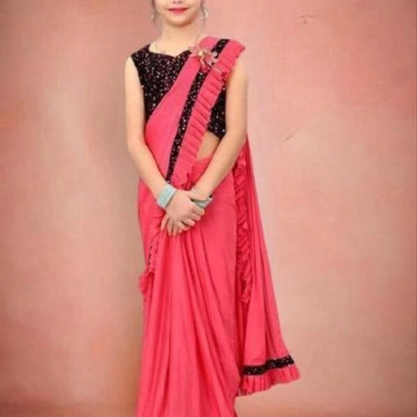 Lycra Solid Saree for Girls (Pink, 3-4 Years)