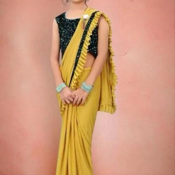 Lycra Solid Saree for Girls (Mustard, 5-6 Years)