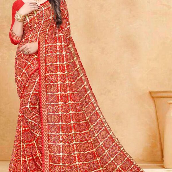 Kanooda Prints Fancy Women Georgette Printed Bandhani Saree (Red)