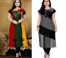 Crepe Printed Kurti for Women (Green & Grey, M) (Pack of 2)