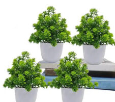 Artificial Plants with Pot (Green & White, Pack of 4)