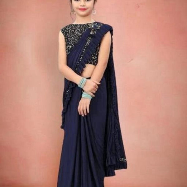 Lycra Solid Saree for Girls (Navy Blue, 3-4 Years)