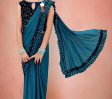 Lycra Solid Saree for Girls (Teal, 3-4 Years)