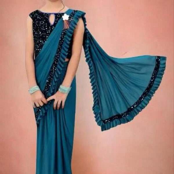 Lycra Solid Saree for Girls (Teal, 3-4 Years)