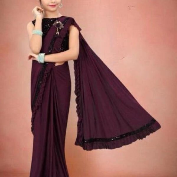 Lycra Solid Saree for Girls (Wine, 9-10 Years)