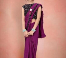 Lycra Solid Saree for Girls (Purple, 3-4 Years)