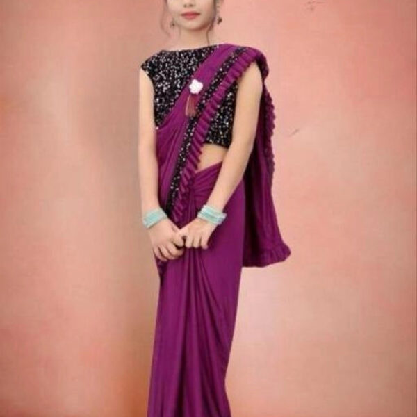 Lycra Solid Saree for Girls (Purple, 3-4 Years)