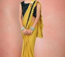 Lycra Solid Saree for Girls (Mustard, 4-5 Years)