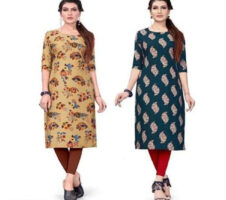 Crepe Printed Kurti for Women (Yellow & Teal, S) (Pack of 2)