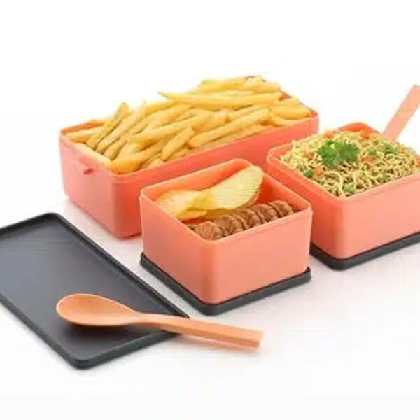 Plastic Lunchbox with Spoon & Fork (Mint Green & Peach, 1500 ml) (Pack of 2)
