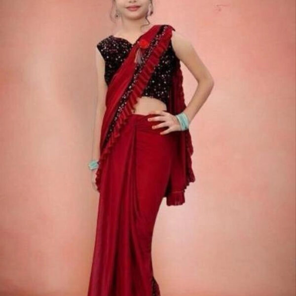 Lycra Solid Saree for Girls (Red, 3-4 Years)
