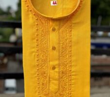 Cotton Embroidered Kurta for Men (Yellow)