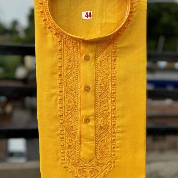 Cotton Embroidered Kurta for Men (Yellow)