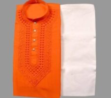 Cotton Embroidered Kurta with Pyjama for Men (Orange & White)