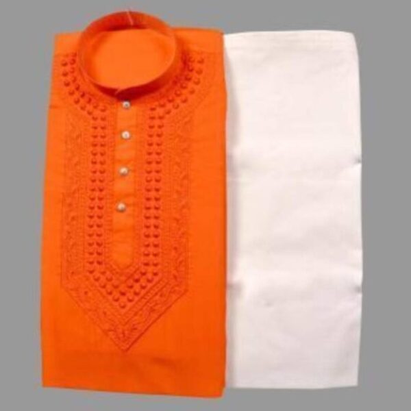 Cotton Embroidered Kurta with Pyjama for Men (Orange & White)