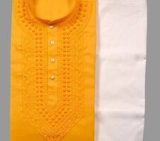 Cotton Embroidered Kurta with Pyjama for Men (Yellow & White)
