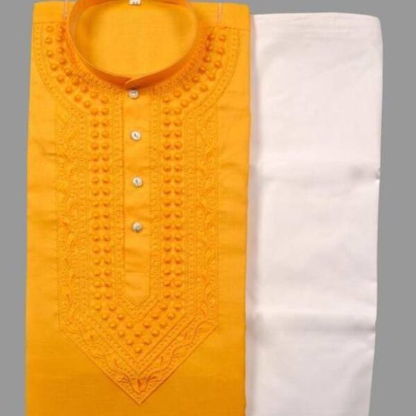 Cotton Embroidered Kurta with Pyjama for Men (Yellow & White)