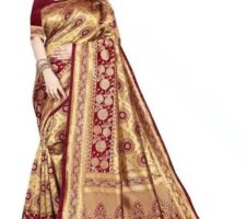 Jacquard Saree With Blouse For Women (Golden& Dark Red, 6.3M)
