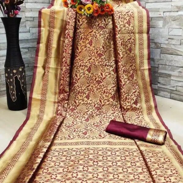 Jacquard Saree With Blouse For Women (Golden& Dark Red, 6.3M)