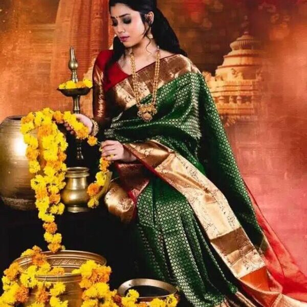 Jacquard Saree With Blouse For Women (Green, 6.3M)