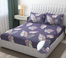 (Leaves-Purple) Cotton Elastic 160 TC King Bedsheet with 2 Pillow Covers