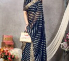Printed, Striped Leheria Chiffon, Georgette Saree (Dark Blue)