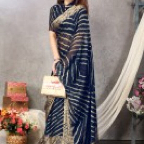 Printed, Striped Leheria Chiffon, Georgette Saree (Dark Blue)