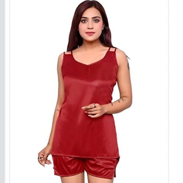 Satin Nightdress Set for Women (Red, M)