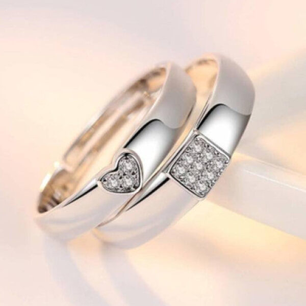 Silver-Plated Cubic Zirconia-Studded Adjustable Couple Rings