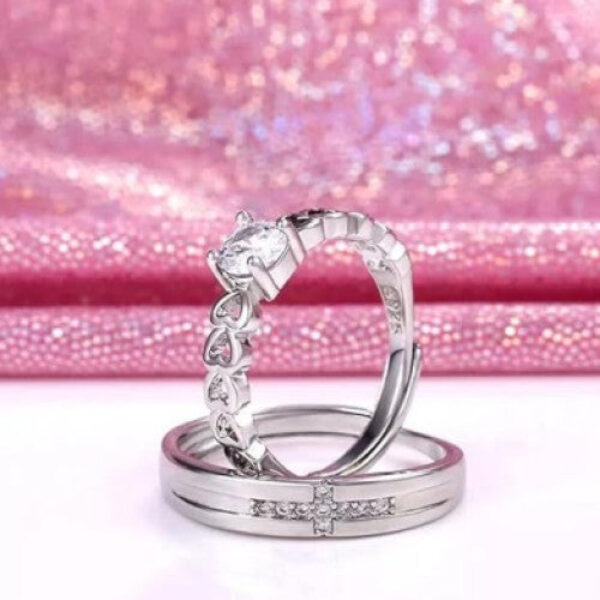 Stainless Steel Silver Plated Zirconia Studded Couple Rings